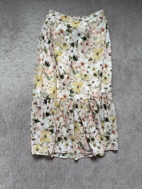 Floral Tiered Midi Skirt in Soft Pastel Yellow and Cream